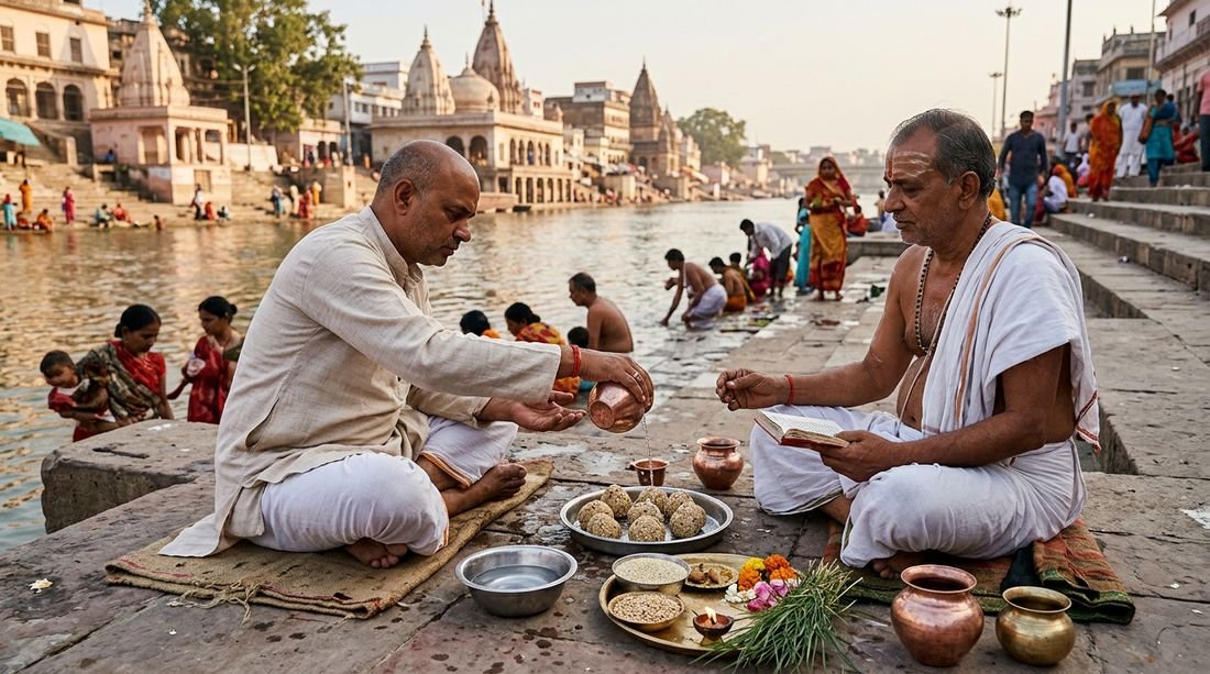 Pandit Ji performing Tarpan puja at the riverside in Gaya